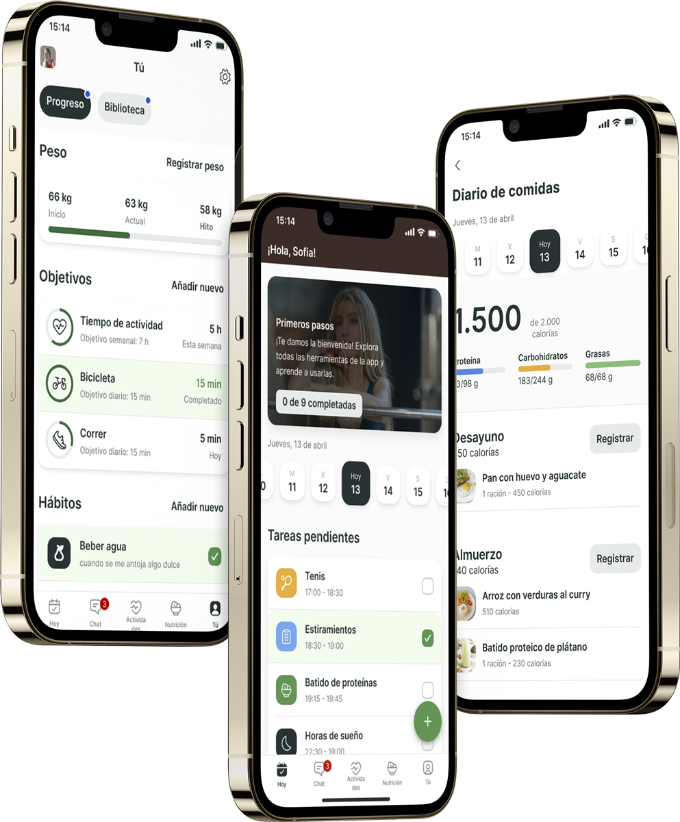 Un mockup de la app de coaching mostrando las funciones.